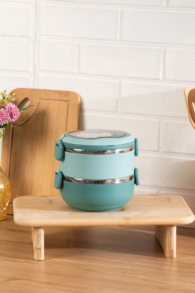 Porsima 66732-2 Vakumlu Lunch Box İki Katlı Paslanmaz Çelik Kolay Kilitlenir Kendinden Kaşıklı Sefer Tası