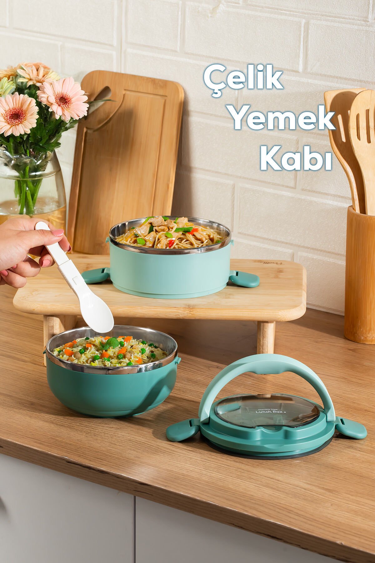 Porsima 66732-2 Vakumlu Lunch Box İki Katlı Paslanmaz Çelik Kolay Kilitlenir Kendinden Kaşıklı Sefer Tası