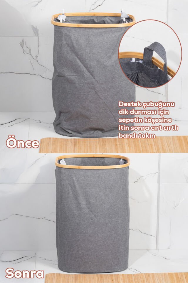 Porsima Mio-101 Bambu Banyo Kirli Çamaşır Sepeti Banyo Düzenleyici Sepet 44X66 cm