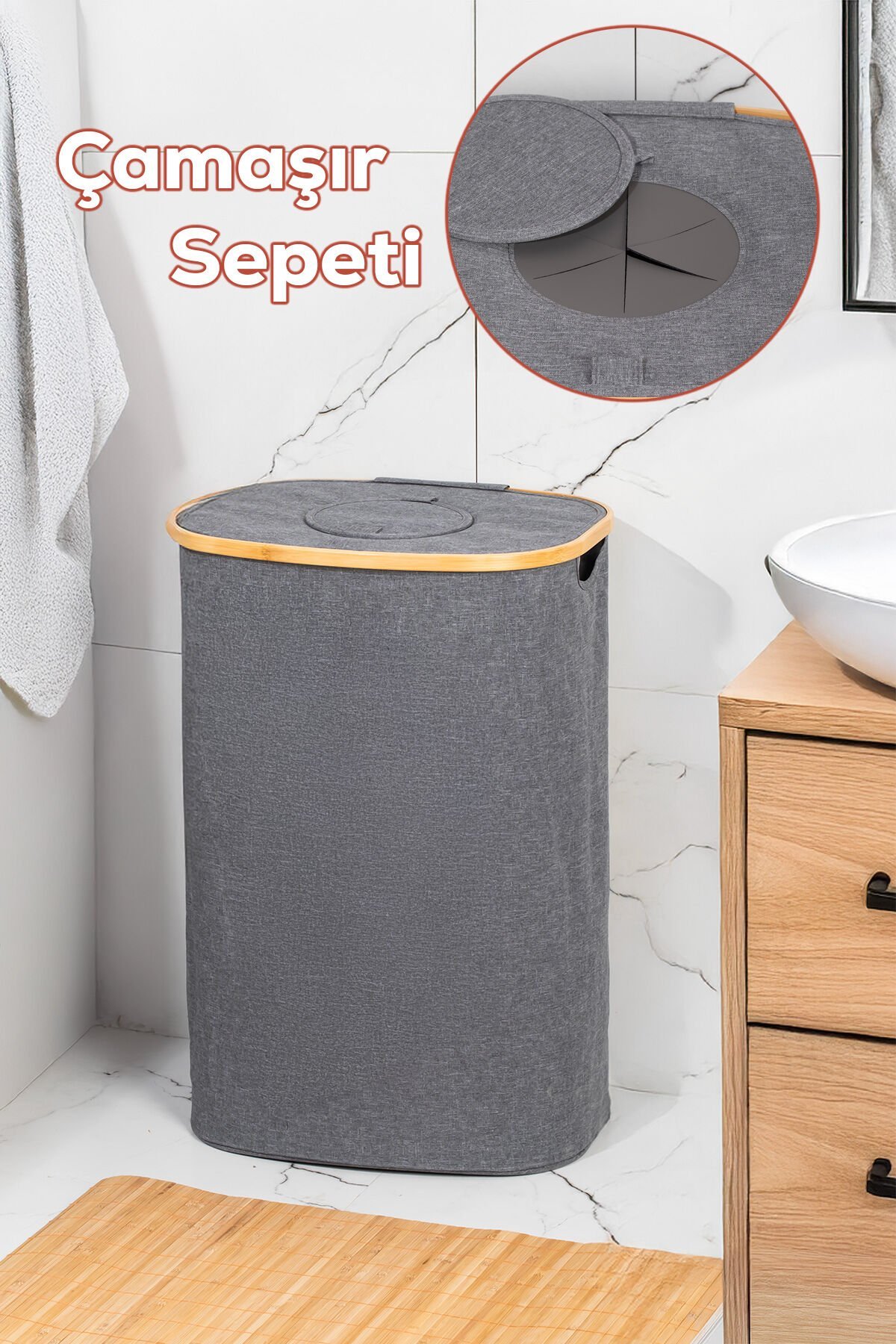 Porsima Mio-101 Bambu Banyo Kirli Çamaşır Sepeti Banyo Düzenleyici Sepet 44X66 cm
