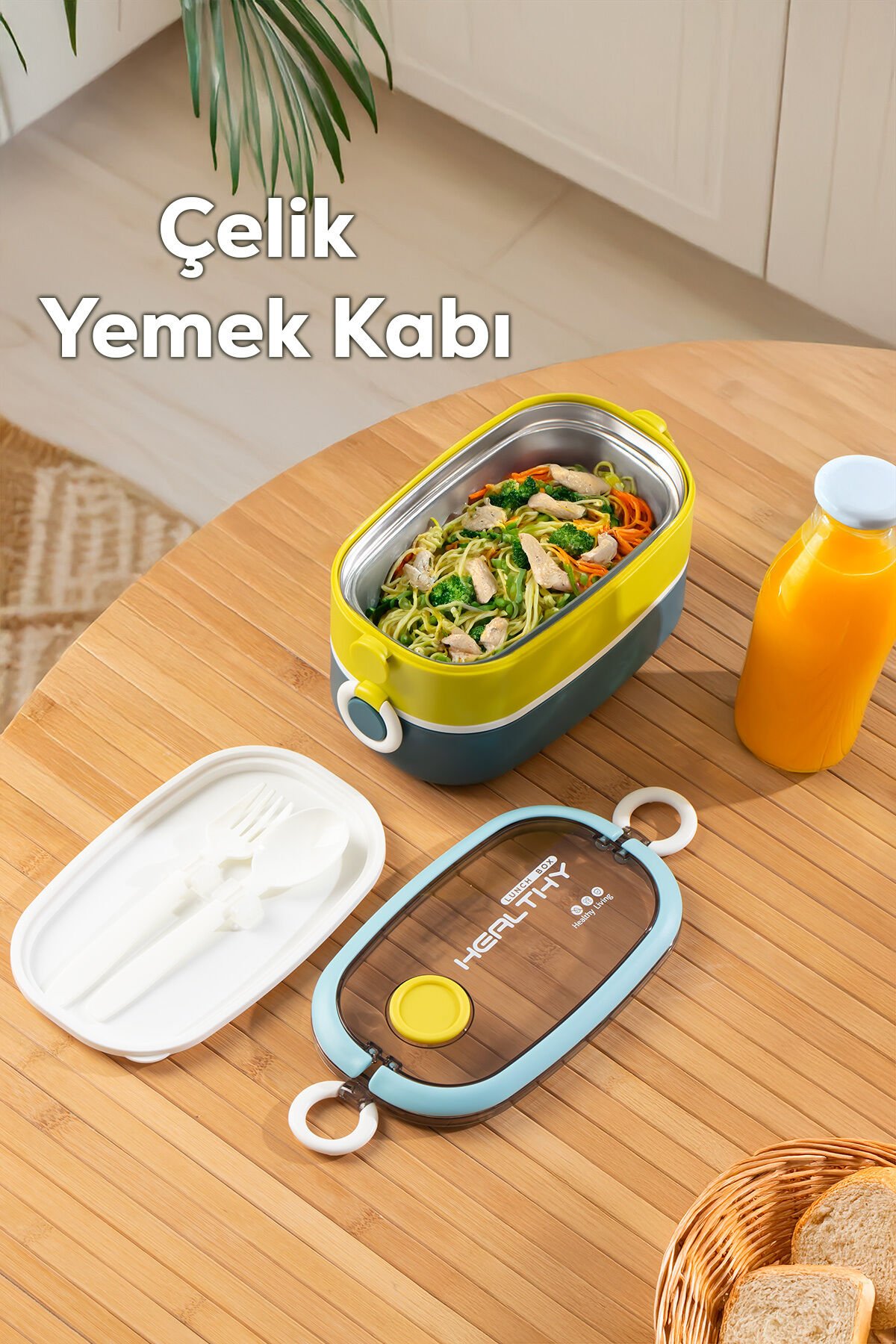 Porsima 66729 Vakumlu Lunch Box İki Katlı Paslanmaz Çelik Kolay Kilitlenir Kendinden Kaşıklı Sefer Tası