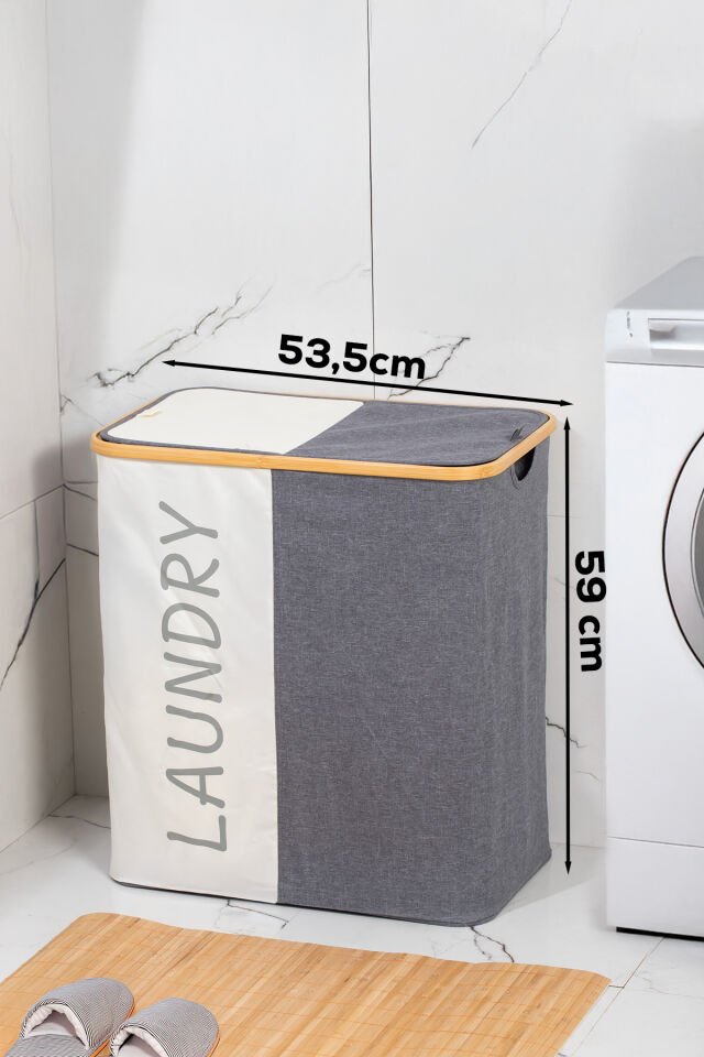 Porsima Mio-103 Bambu 2 Bölmeli Banyo Kirli Çamaşır Sepeti Banyo Düzenleyici Sepet 59X53,5 cm