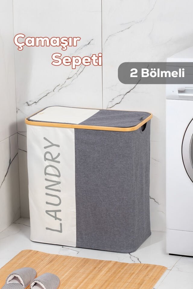 Porsima Mio-103 Bambu 2 Bölmeli Banyo Kirli Çamaşır Sepeti Banyo Düzenleyici Sepet 59X53,5 cm