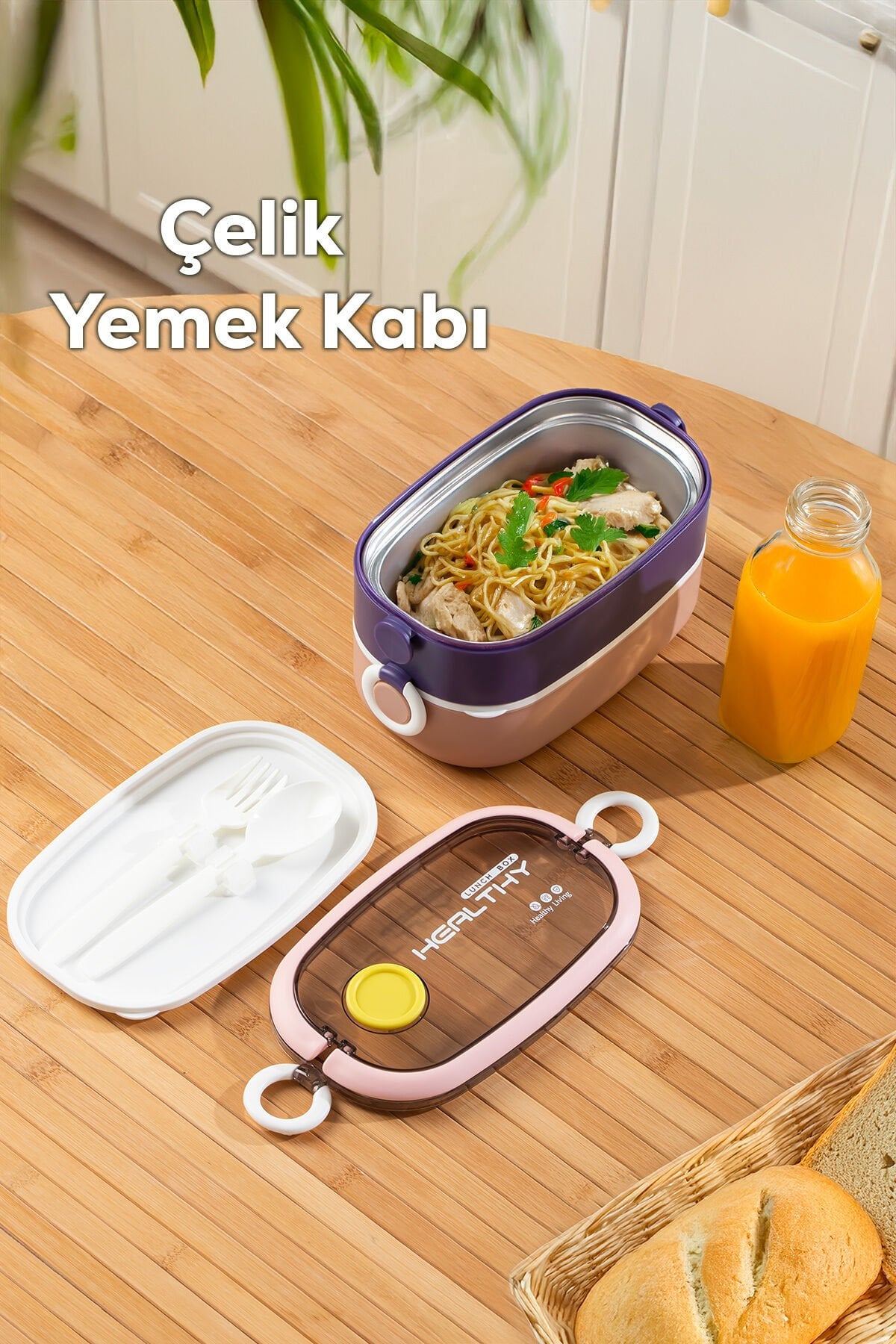 Porsima 66729-1 Vakumlu Lunch Box İki Katlı Paslanmaz Çelik Kolay Kilitlenir Kendinden Kaşıklı Sefer Tası