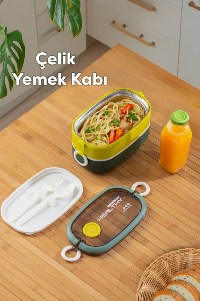 Porsima 66729-2 Vakumlu Lunch Box İki Katlı Paslanmaz Çelik Kolay Kilitlenir Kendinden Kaşıklı Sefer Tası