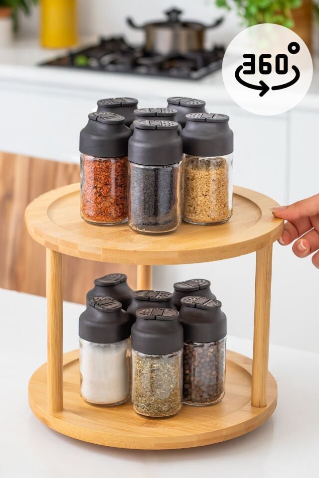 Porsima 76073 Bambu Döner Standlı Sunumluk Makyaj Organizeri Ahşap 2 Katlı Düzenleyici Baharatlık Standı