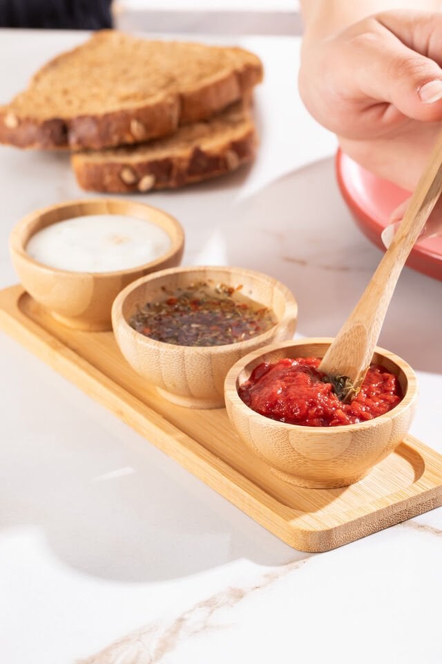 Porsima 2078 3lü Ahşap Bambu Standlı Kase Sosluk Reçellik Çerezlik İkramlık Sunumluk Seti Takımı