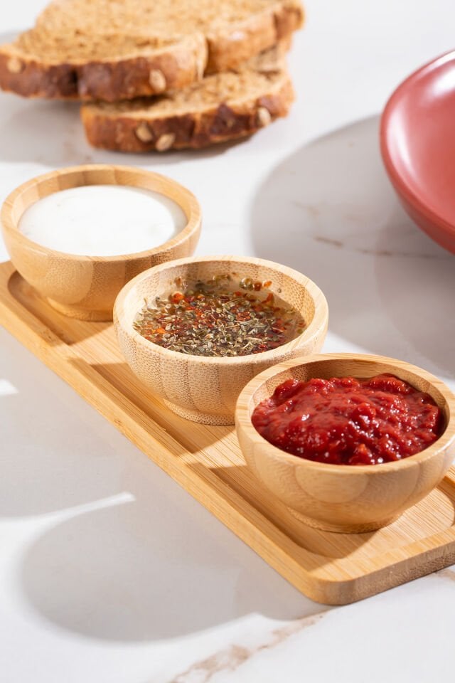 Porsima 2078 3lü Ahşap Bambu Standlı Kase Sosluk Reçellik Çerezlik İkramlık Sunumluk Seti Takımı