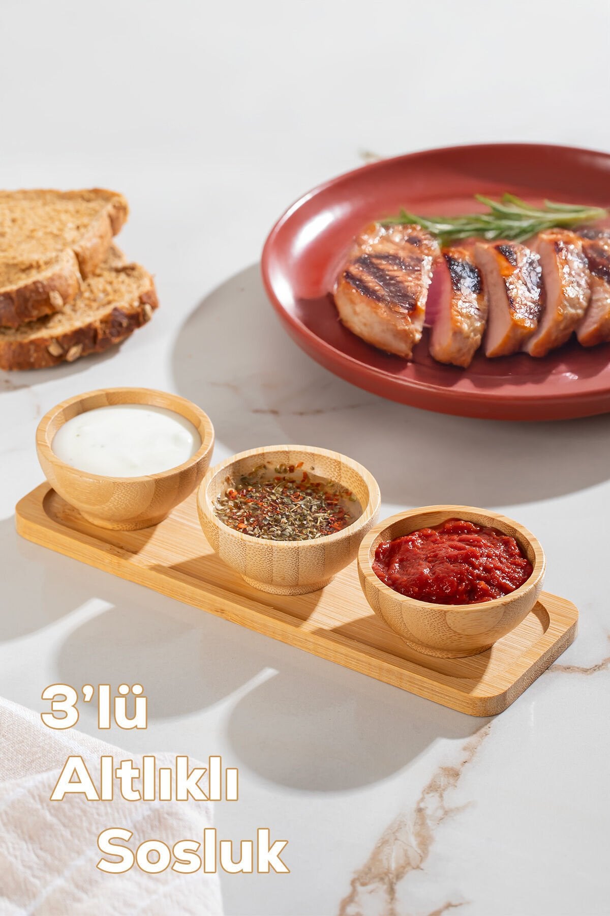 Porsima 2078 3lü Ahşap Bambu Standlı Kase Sosluk Reçellik Çerezlik İkramlık Sunumluk Seti Takımı