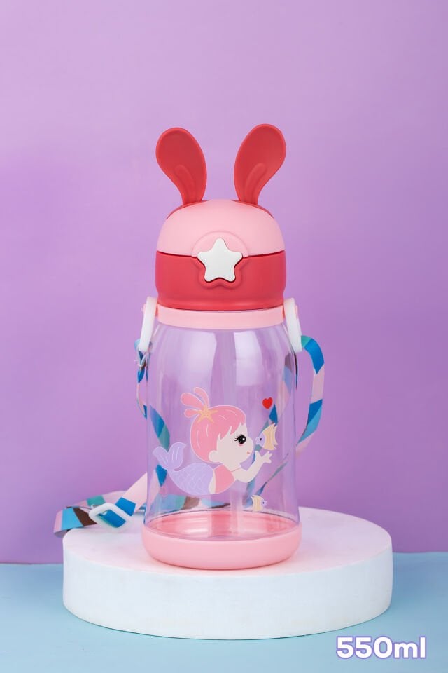 Porsima 21.0009 Matara Tavşan Temalı Stickerlı Askılı Suluk - Su Şişesi - Pembe 550ml