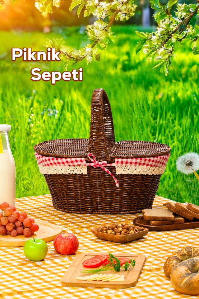 Porsima 2080 Oval Hasır Görünümlü Piknik Sepeti Piknik Çantası 41x35cm
