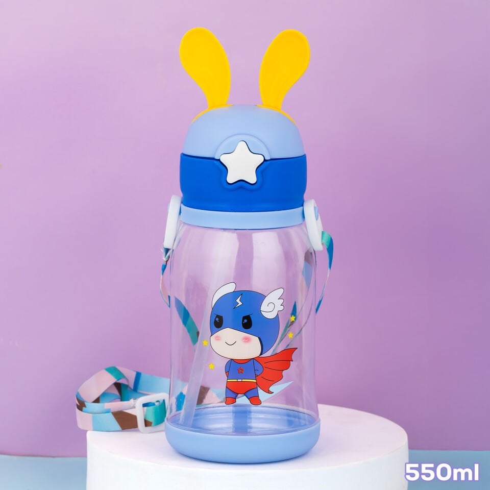 Porsima 21.0009-1 Matara Tavşan Temalı Stickerlı Askılı Suluk - Su Şişesi - Mavi 550ml