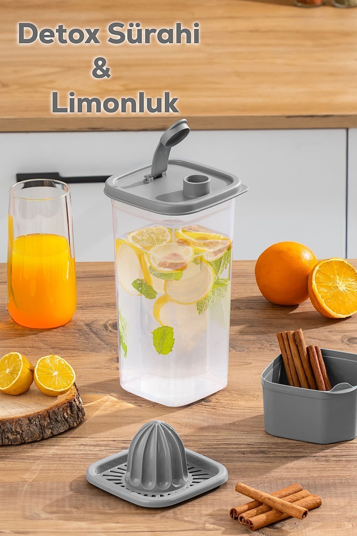 Porsima 06-1109 Sızdırmaz Kapaklı Detoks Sürahi-matara & Limonluk -şerbetlik -şeffaf 1 ,5 L Gri