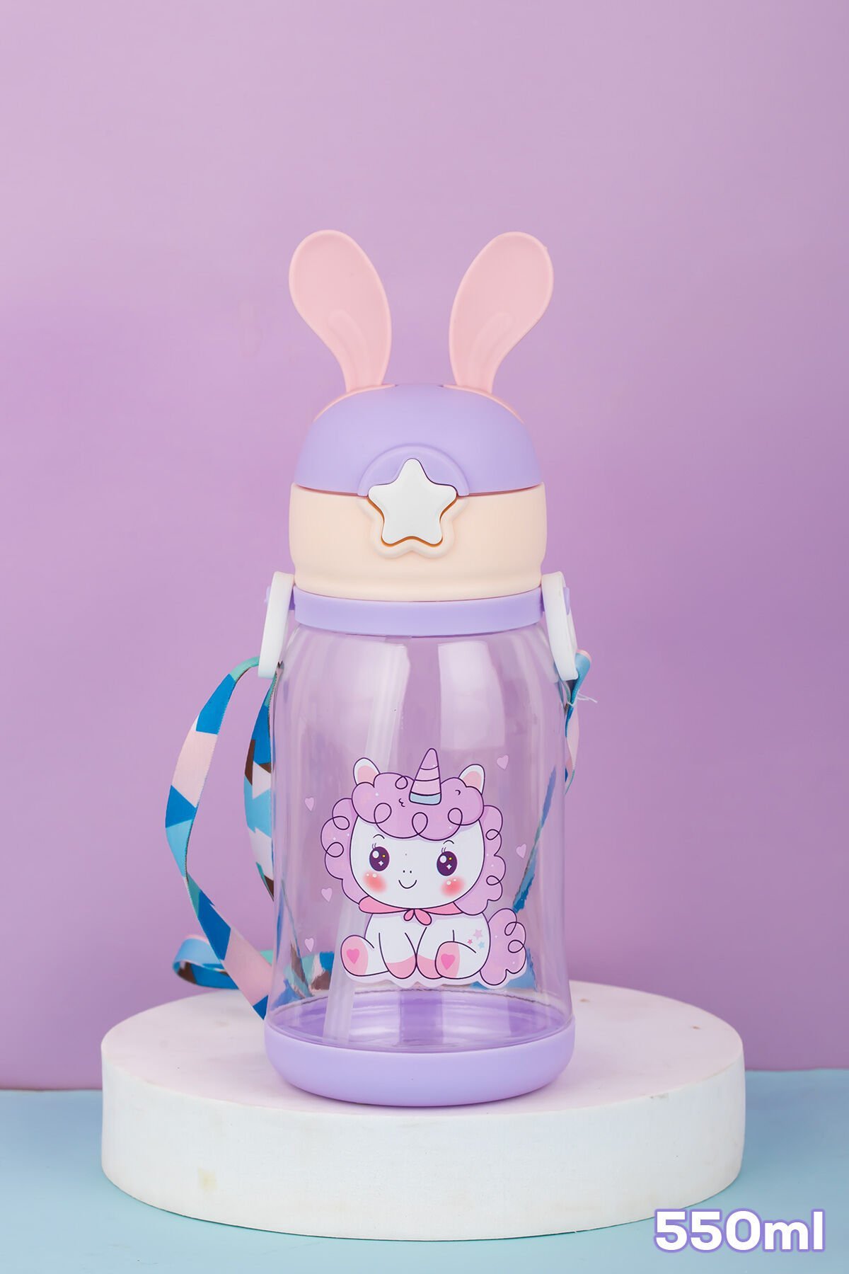 Porsima 21.0009-3 Matara Tavşan Temalı Stickerlı Askılı Suluk - Su Şişesi - Lila 550ml