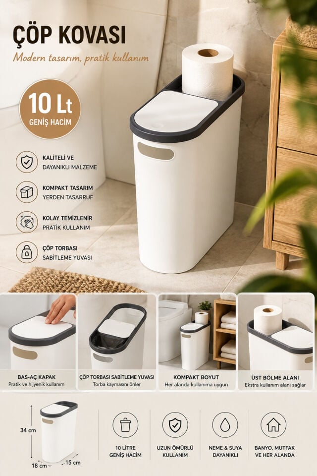 Porsima M-325 Çöp Kutusu Banyo Mutfak Çöp Kovası Kapaklı Banyo Çöp Kovası 10 Lt